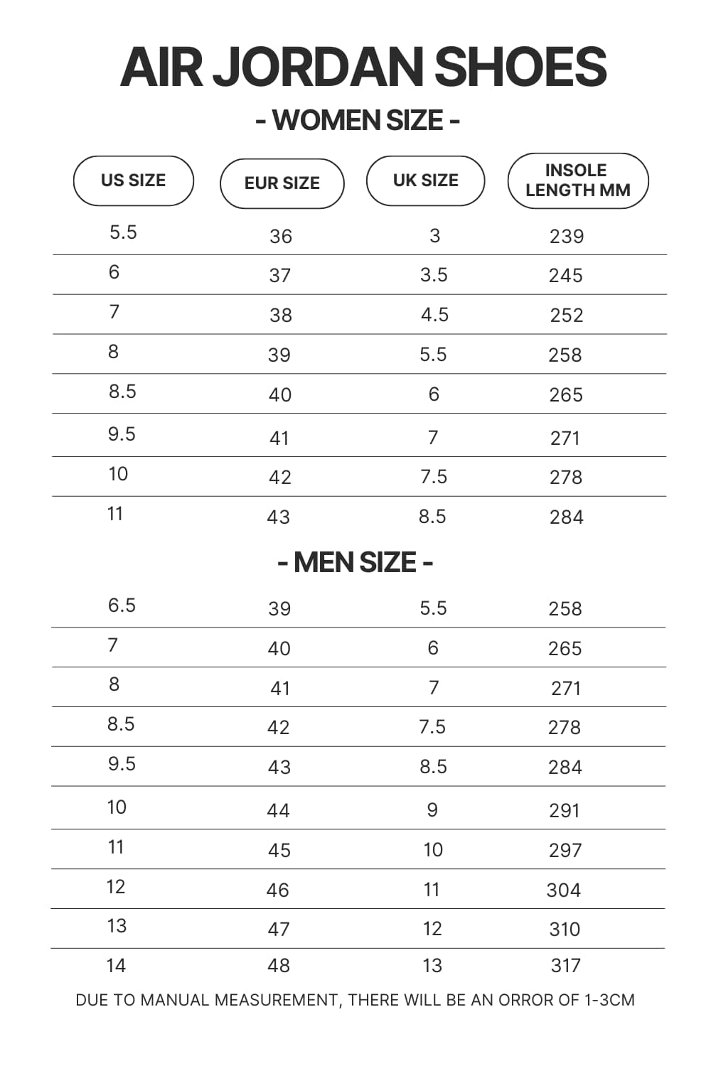 Air Jordan Shoes Size Chart - Attack On Titan Store